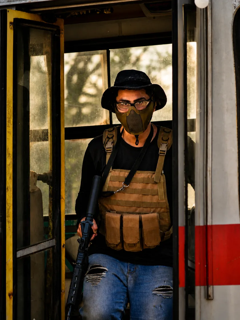 Operador da StrikeZone na porta do ônibus, cenário do campo