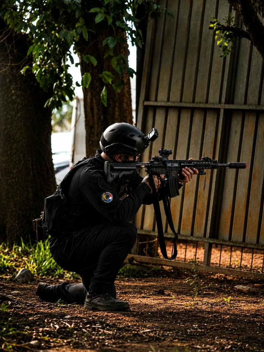 Operador da StrikeZone ajoelhado em posição de tiro com capacete tático