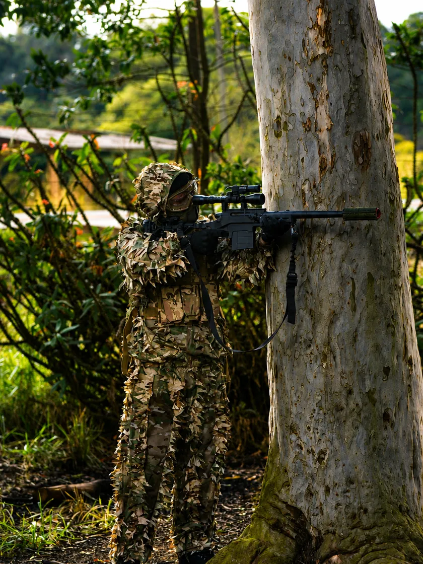 Sniper da StrikeZone camuflado com ghillie, mirando atrás de uma árvore